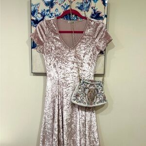 Elegant Velvet Pink mini Dress | V-neck